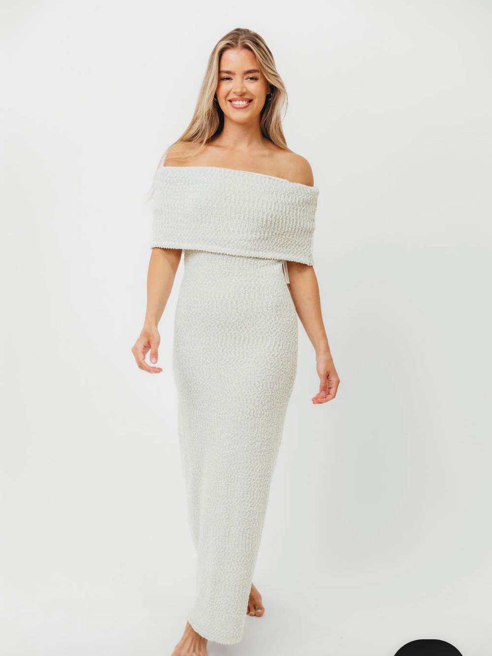 Off-Shoulder Ivory Knit Maxi Dress